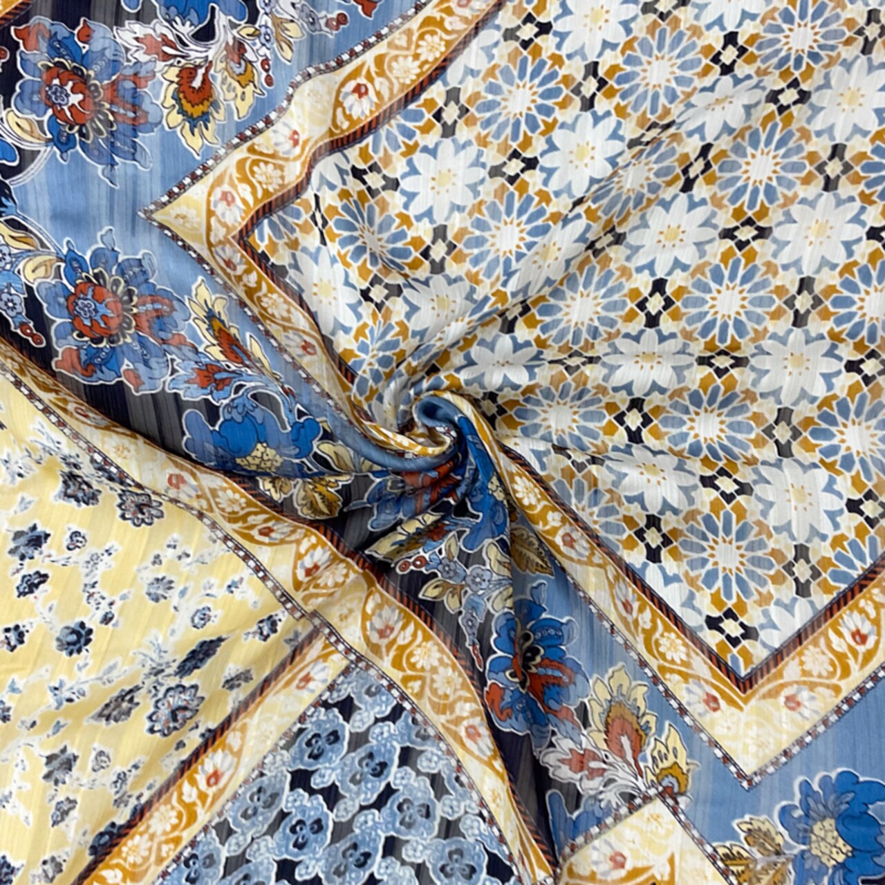 Blue-Multi Poly Floral Printed Satin Stripe Chiffon Woven Fabric By the Yard